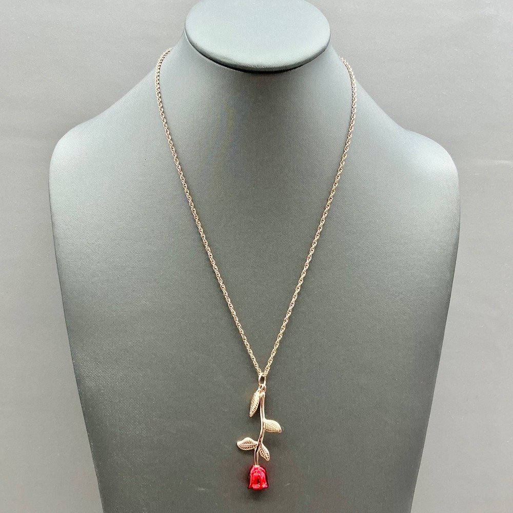 Rose Pendant Necklace Womens Rose Gold Tone Red Flower Long Chain Floral Jewelry